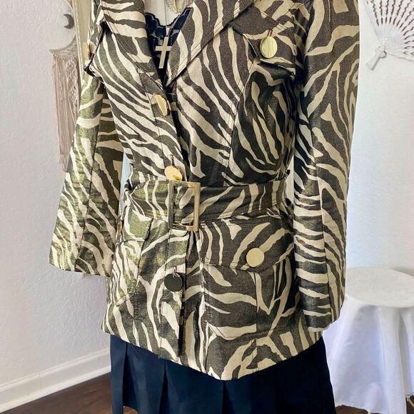 VTG 90s Cache Gold Metal Zebra Linen Cotton Button Tailored Belted Jacket XS - Picture 4 of 8
